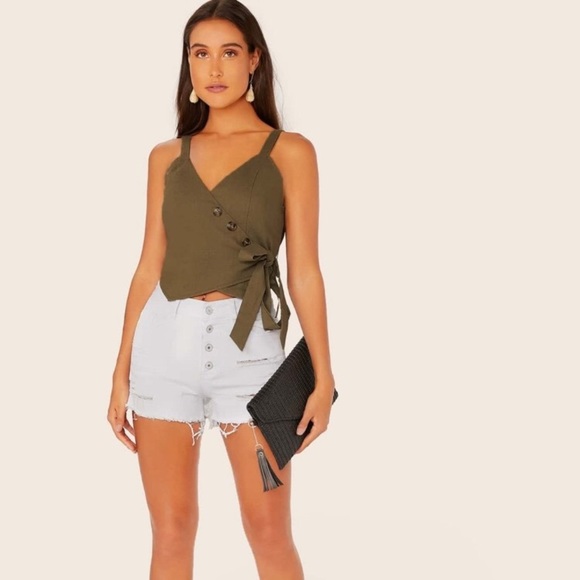 Flying Tomato Tops - Flying Tomato Olive Green Button Crop Blouse